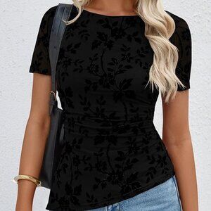 Black Floral Short Sleeve Crewneck Shirt